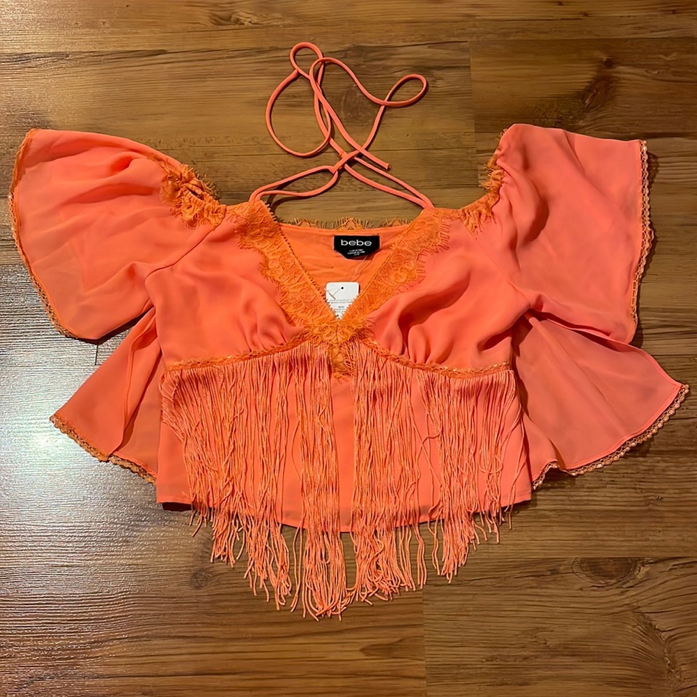 Bebe Coral Fringe and Flounce Top XS